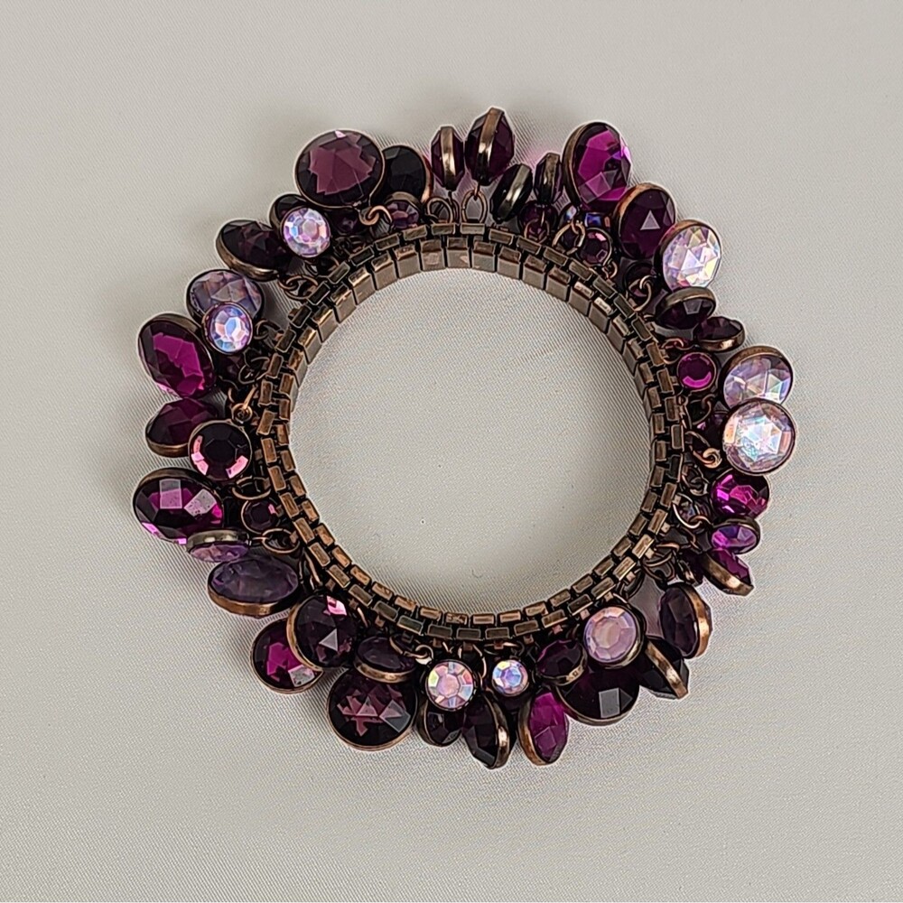 Purple Pink AB Crystal Charm Bracelet Copper Tone Y2K